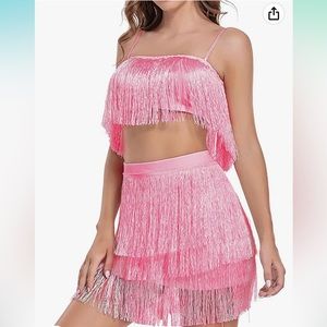 Pink fringe crop tank and skirt set